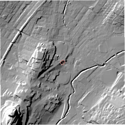 Shaded relief map of the ground around BB72DL, computed from Environment Agency LiDAR. The ground here sits at about 78 m above sea level and falls 45 m across the surrounding 800 m. Surface water reaching this point runs off ground lying to the west, 13.1 m higher.