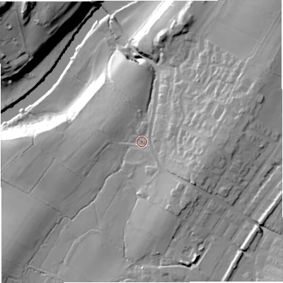 Shaded relief map of the ground around BB72JD, computed from Environment Agency LiDAR. The ground here sits at about 72 m above sea level and falls 37 m across the surrounding 800 m. Surface water reaching this point runs off ground lying to the south-east, 11.5 m higher.