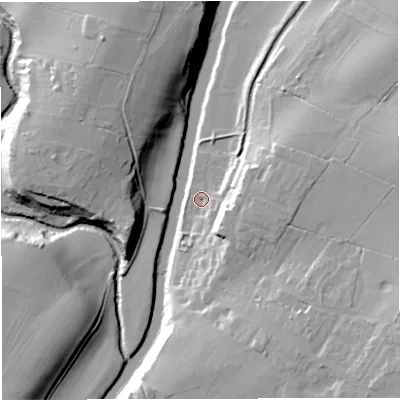 Shaded relief map of the ground around BB72NS, computed from Environment Agency LiDAR. The ground here sits at about 52 m above sea level and falls 25 m across the surrounding 800 m. Surface water reaching this point runs off ground lying to the east-south-east, 10.1 m higher.