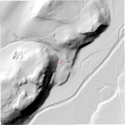 Shaded relief map of the ground around BB73AD, computed from Environment Agency LiDAR. The ground here sits at about 143 m above sea level and falls 83 m across the surrounding 800 m. Surface water reaching this point runs off ground lying to the west-south-west, 69.2 m higher.