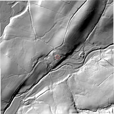 Shaded relief map of the ground around BB73AF, computed from Environment Agency LiDAR. The ground here sits at about 145 m above sea level and falls 37 m across the surrounding 800 m. Surface water reaching this point runs off ground lying to the north, 2.2 m higher.