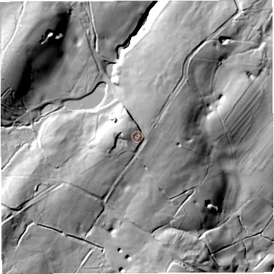 Shaded relief map of the ground around BB73AH, computed from Environment Agency LiDAR. The ground here sits at about 195 m above sea level and falls 53 m across the surrounding 800 m. Surface water reaching this point runs off ground lying to the north-west, 5.5 m higher.