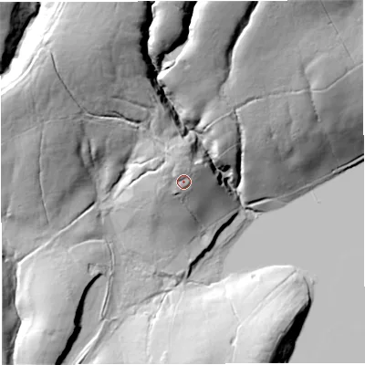 Shaded relief map of the ground around BB73AQ, computed from Environment Agency LiDAR. The ground here sits at about 209 m above sea level and falls 73 m across the surrounding 800 m. Surface water reaching this point runs off ground lying to the north-north-west, 6.8 m higher.