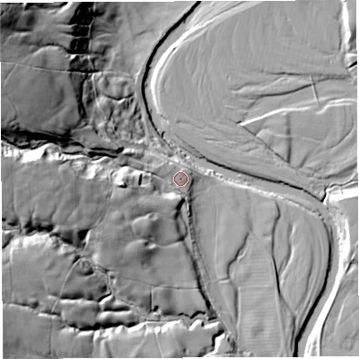 Shaded relief map of the ground around BB73AU, computed from Environment Agency LiDAR. The ground here sits at about 109 m above sea level and falls 45 m across the surrounding 800 m. Surface water reaching this point runs off ground lying to the west-north-west, 30.3 m higher.