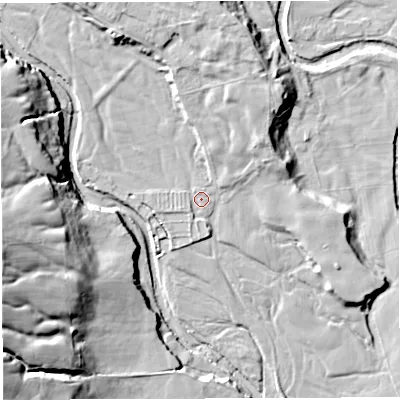 Shaded relief map of the ground around BB73AX, computed from Environment Agency LiDAR. The ground here sits at about 116 m above sea level and falls 32 m across the surrounding 800 m. Surface water reaching this point runs off ground lying to the north-north-west, 11.9 m higher.