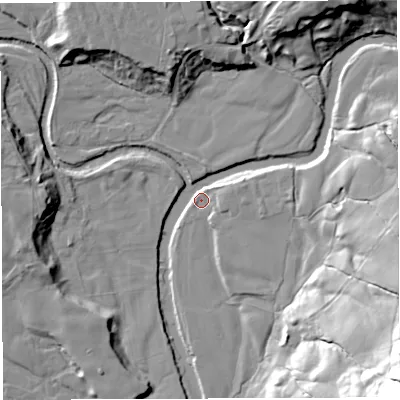 Shaded relief map of the ground around BB73BB, computed from Environment Agency LiDAR. The ground here sits at about 111 m above sea level and falls 48 m across the surrounding 800 m. Surface water reaching this point runs off ground lying to the north-north-east, 20.7 m higher.
