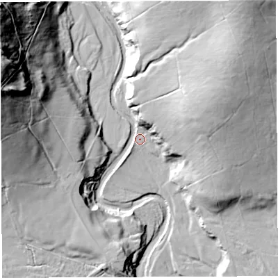 Shaded relief map of the ground around BB73BD, computed from Environment Agency LiDAR. The ground here sits at about 125 m above sea level and falls 71 m across the surrounding 800 m. Surface water reaching this point runs off ground lying to the north-east, 49.8 m higher.