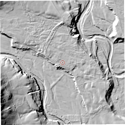 Shaded relief map of the ground around BB73BG, computed from Environment Agency LiDAR. The ground here sits at about 126 m above sea level and falls 51 m across the surrounding 800 m. Surface water reaching this point runs off ground lying to the north-north-west, 1.4 m higher.