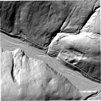 Shaded relief map of the ground around BB73BH, computed from Environment Agency LiDAR. The ground here sits at about 167 m above sea level and falls 180 m across the surrounding 800 m. Surface water reaching this point runs off ground lying to the north-east, 165.4 m higher.