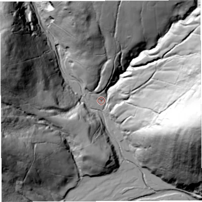 Shaded relief map of the ground around BB73BJ, computed from Environment Agency LiDAR. The ground here sits at about 172 m above sea level and falls 142 m across the surrounding 800 m. Surface water reaching this point runs off ground lying to the north-east, 86.2 m higher.