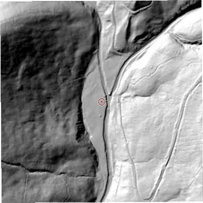 Shaded relief map of the ground around BB73BL, computed from Environment Agency LiDAR. The ground here sits at about 169 m above sea level and falls 182 m across the surrounding 800 m. Surface water reaching this point runs off ground lying to the west-north-west, 174.2 m higher.