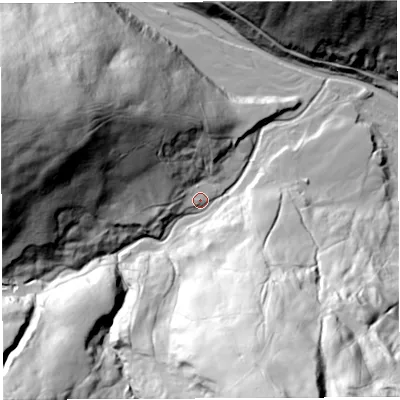 Shaded relief map of the ground around BB73BQ, computed from Environment Agency LiDAR. The ground here sits at about 156 m above sea level and falls 110 m across the surrounding 800 m. Surface water reaching this point runs off ground lying to the west-north-west, 96.8 m higher.