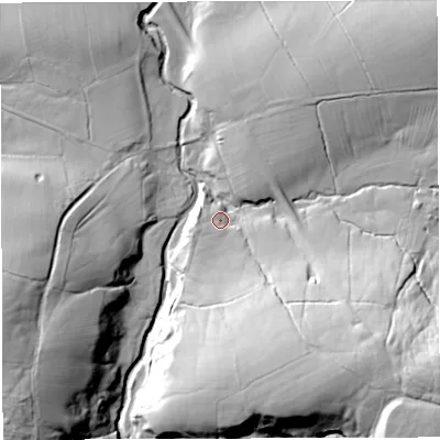 Shaded relief map of the ground around BB73DJ, computed from Environment Agency LiDAR. The ground here sits at about 140 m above sea level and falls 54 m across the surrounding 800 m. Surface water reaching this point runs off ground lying to the south-south-east, 28.6 m higher.