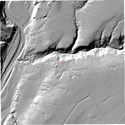 Shaded relief map of the ground around BB73DQ, computed from Environment Agency LiDAR. The ground here sits at about 108 m above sea level and falls 43 m across the surrounding 800 m. Surface water reaching this point runs off ground lying to the east-south-east, 12.1 m higher.