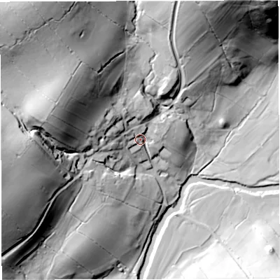 Shaded relief map of the ground around BB73DY, computed from Environment Agency LiDAR. The ground here sits at about 141 m above sea level and falls 68 m across the surrounding 800 m. Surface water reaching this point runs off ground lying to the north-west, 39.3 m higher.