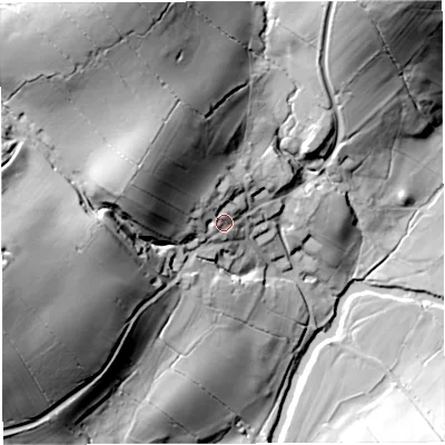 Shaded relief map of the ground around BB73DZ, computed from Environment Agency LiDAR. The ground here sits at about 149 m above sea level and falls 68 m across the surrounding 800 m. Surface water reaching this point runs off ground lying to the north-west, 27.7 m higher.