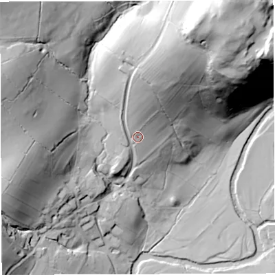 Shaded relief map of the ground around BB73EB, computed from Environment Agency LiDAR. The ground here sits at about 151 m above sea level and falls 85 m across the surrounding 800 m. Surface water reaching this point runs off ground lying to the north, 18.5 m higher.