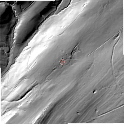 Shaded relief map of the ground around BB73EE, computed from Environment Agency LiDAR. The ground here sits at about 224 m above sea level and falls 56 m across the surrounding 800 m. Surface water reaching this point runs off ground lying to the north-west, 3.0 m higher.
