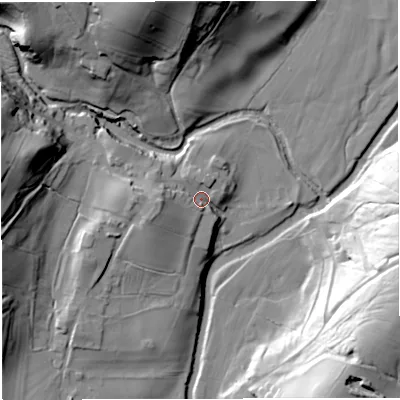 Shaded relief map of the ground around BB73ES, computed from Environment Agency LiDAR. The ground here sits at about 142 m above sea level and falls 46 m across the surrounding 800 m. Surface water reaching this point runs off ground lying to the west-south-west, 11.4 m higher.