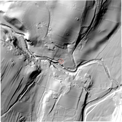 Shaded relief map of the ground around BB73EU, computed from Environment Agency LiDAR. The ground here sits at about 144 m above sea level and falls 57 m across the surrounding 800 m. Surface water reaching this point runs off ground lying to the north-north-west, 12.5 m higher.