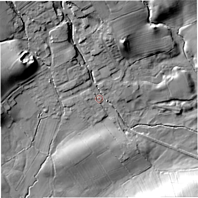 Shaded relief map of the ground around BB73HH, computed from Environment Agency LiDAR. The ground here sits at about 71 m above sea level and falls 24 m across the surrounding 800 m. Surface water reaching this point runs off ground lying to the north, 12.8 m higher.
