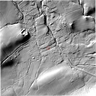 Shaded relief map of the ground around BB73HJ, computed from Environment Agency LiDAR. The ground here sits at about 73 m above sea level and falls 26 m across the surrounding 800 m. Surface water reaching this point runs off ground lying to the north-north-west, 2.1 m higher.
