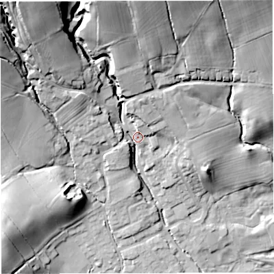 Shaded relief map of the ground around BB73HP, computed from Environment Agency LiDAR. The ground here sits at about 78 m above sea level and falls 44 m across the surrounding 800 m. Surface water reaching this point runs off ground lying to the north-west, 33.6 m higher.