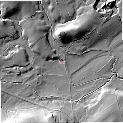 Shaded relief map of the ground around BB73HQ, computed from Environment Agency LiDAR. The ground here sits at about 61 m above sea level and falls 23 m across the surrounding 800 m. Surface water reaching this point runs off ground lying to the north, 16.2 m higher.