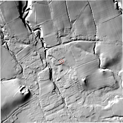 Shaded relief map of the ground around BB73HR, computed from Environment Agency LiDAR. The ground here sits at about 80 m above sea level and falls 47 m across the surrounding 800 m. Surface water reaching this point runs off ground lying to the north-north-west, 4.0 m higher.