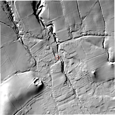 Shaded relief map of the ground around BB73HS, computed from Environment Agency LiDAR. The ground here sits at about 80 m above sea level and falls 46 m across the surrounding 800 m. Surface water reaching this point runs off ground lying to the west, 5.1 m higher.
