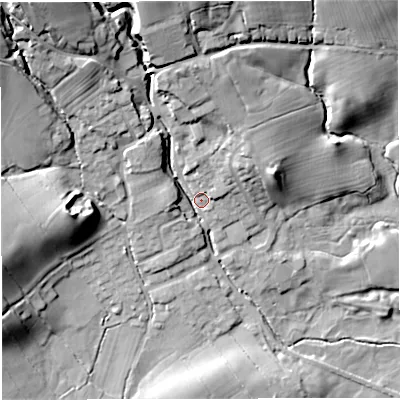 Shaded relief map of the ground around BB73HW, computed from Environment Agency LiDAR. The ground here sits at about 74 m above sea level and falls 33 m across the surrounding 800 m. Surface water reaching this point runs off ground lying to the north-west, 24.4 m higher.