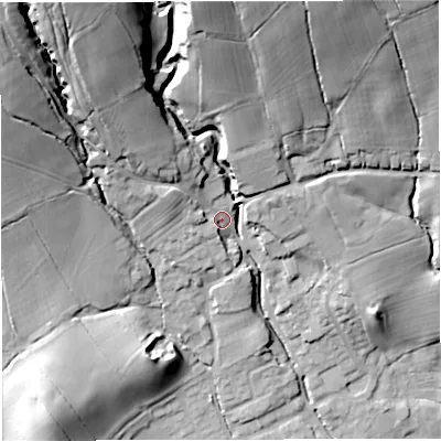Shaded relief map of the ground around BB73HZ, computed from Environment Agency LiDAR. The ground here sits at about 81 m above sea level and falls 49 m across the surrounding 800 m. Surface water reaching this point runs off ground lying to the north-north-west, 35.8 m higher.