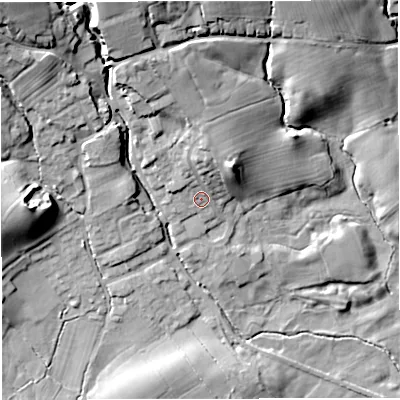 Shaded relief map of the ground around BB73JL, computed from Environment Agency LiDAR. The ground here sits at about 73 m above sea level and falls 32 m across the surrounding 800 m. Surface water reaching this point runs off ground lying to the north, 6.2 m higher.