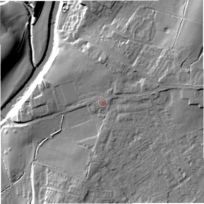 Shaded relief map of the ground around BB73LA, computed from Environment Agency LiDAR. The ground here sits at about 62 m above sea level and falls 26 m across the surrounding 800 m. Surface water reaching this point runs off ground lying to the east-north-east, 0.8 m higher.