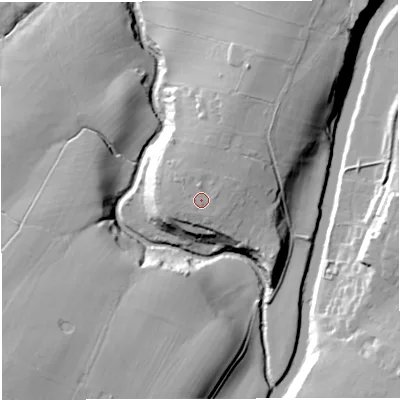 Shaded relief map of the ground around BB73LB, computed from Environment Agency LiDAR. The ground here sits at about 66 m above sea level and falls 25 m across the surrounding 800 m. Surface water reaching this point runs off ground lying to the north, 2.3 m higher.