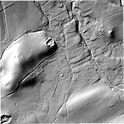 Shaded relief map of the ground around BB73LF, computed from Environment Agency LiDAR. The ground here sits at about 73 m above sea level and falls 28 m across the surrounding 800 m. Surface water reaching this point runs off ground lying to the north-west, 12.7 m higher.