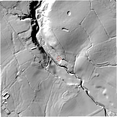 Shaded relief map of the ground around BB73NA, computed from Environment Agency LiDAR. The ground here sits at about 113 m above sea level and falls 49 m across the surrounding 800 m. Surface water reaching this point runs off ground lying to the north, 14.6 m higher.