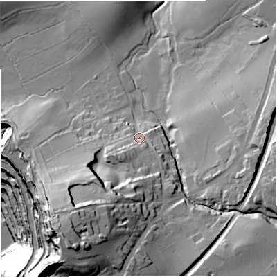 Shaded relief map of the ground around BB74AG, computed from Environment Agency LiDAR. The ground here sits at about 85 m above sea level and falls 110 m across the surrounding 800 m. Surface water reaching this point runs off ground lying to the south, 23.2 m higher.