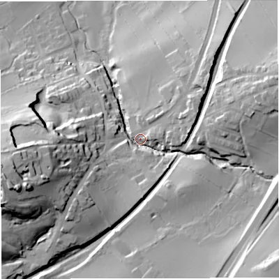 Shaded relief map of the ground around BB74AP, computed from Environment Agency LiDAR. The ground here sits at about 93 m above sea level and falls 55 m across the surrounding 800 m. Surface water reaching this point runs off ground lying to the east-north-east, 29.4 m higher.