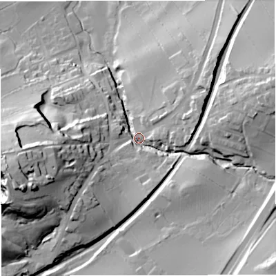 Shaded relief map of the ground around BB74AW, computed from Environment Agency LiDAR. The ground here sits at about 92 m above sea level and falls 55 m across the surrounding 800 m. Surface water reaching this point runs off ground lying to the west-south-west, 39.3 m higher.