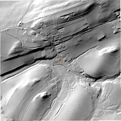 Shaded relief map of the ground around BB74BN, computed from Environment Agency LiDAR. The ground here sits at about 131 m above sea level and falls 52 m across the surrounding 800 m. Surface water reaching this point runs off ground lying to the north, 35.3 m higher.