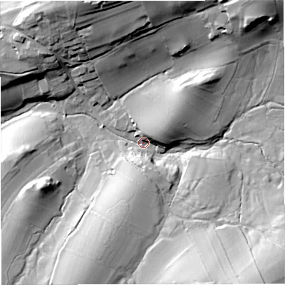 Shaded relief map of the ground around BB74BP, computed from Environment Agency LiDAR. The ground here sits at about 133 m above sea level and falls 47 m across the surrounding 800 m. Surface water reaching this point runs off ground lying to the south-east, 39.8 m higher.