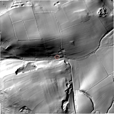 Shaded relief map of the ground around BB74DE, computed from Environment Agency LiDAR. The ground here sits at about 192 m above sea level and falls 74 m across the surrounding 800 m. Surface water reaching this point runs off ground lying to the south, 41.3 m higher.