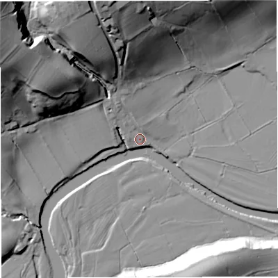 Shaded relief map of the ground around BB74DH, computed from Environment Agency LiDAR. The ground here sits at about 66 m above sea level and falls 42 m across the surrounding 800 m. Surface water reaching this point runs off ground lying to the north-west, 38.7 m higher.