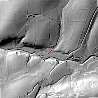 Shaded relief map of the ground around BB74EA, computed from Environment Agency LiDAR. The ground here sits at about 114 m above sea level and falls 43 m across the surrounding 800 m. Surface water reaching this point runs off ground lying to the north-east, 32.3 m higher.