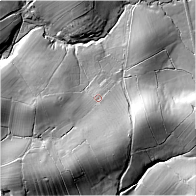 Shaded relief map of the ground around BB74EE, computed from Environment Agency LiDAR. The ground here sits at about 154 m above sea level and falls 44 m across the surrounding 800 m. Surface water reaching this point runs off ground lying to the south-east, 13.7 m higher.