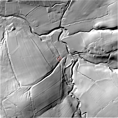Shaded relief map of the ground around BB74EF, computed from Environment Agency LiDAR. The ground here sits at about 138 m above sea level and falls 57 m across the surrounding 800 m. Surface water reaching this point runs off ground lying to the south-west, 40.5 m higher.