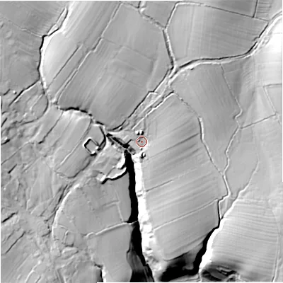 Shaded relief map of the ground around BB74JD, computed from Environment Agency LiDAR. The ground here sits at about 134 m above sea level and falls 51 m across the surrounding 800 m. Surface water reaching this point runs off ground lying to the north-north-west, 15.9 m higher.