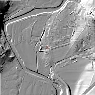 Shaded relief map of the ground around BB74LE, computed from Environment Agency LiDAR. The ground here sits at about 73 m above sea level and falls 51 m across the surrounding 800 m. Surface water reaching this point runs off ground lying to the east-north-east, 18.9 m higher.