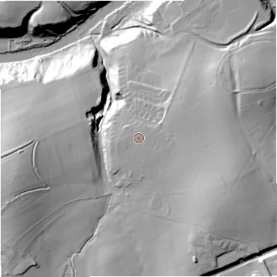 Shaded relief map of the ground around BB74LP, computed from Environment Agency LiDAR. The ground here sits at about 129 m above sea level and falls 53 m across the surrounding 800 m. Surface water reaching this point runs off ground lying to the south-south-east, 1.2 m higher.